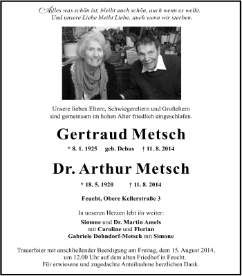 Traueranzeige von Gertraud und Arthur Metsch von Der Bote