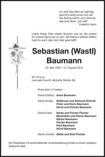 Traueranzeige von Sebastian Baumann von Der Bote