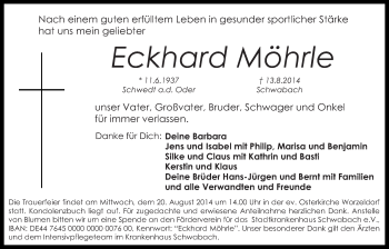 Traueranzeige von Eckhard Möhrle von Der Bote