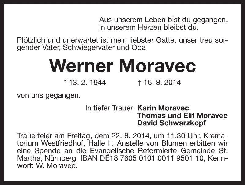  Traueranzeige für Werner Moravec vom 20.08.2014 aus Der Bote