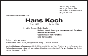 Traueranzeige von Hans Koch von Der Bote