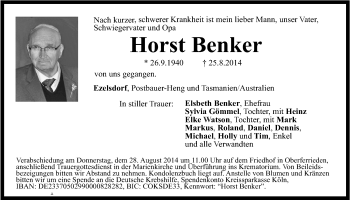 Traueranzeige von Horst Benker von Der Bote