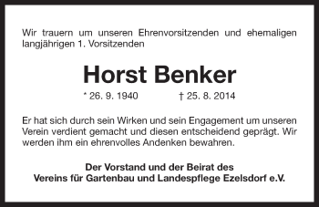 Traueranzeige von Horst Benker von Der Bote