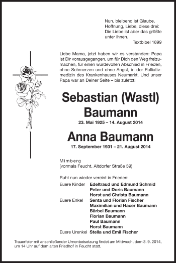 Traueranzeige von Sebastian und Anna Baumman von Der Bote