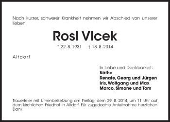 Traueranzeige von Rosl VIcek von Der Bote