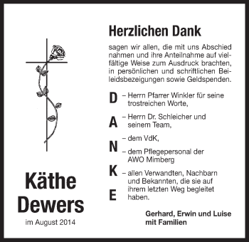 Traueranzeige von Käthe Dewers von Der Bote