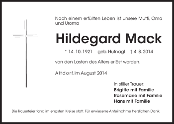 Traueranzeige von Hildegard Mack von Der Bote