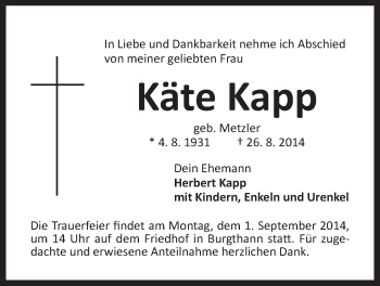 Traueranzeige von Käte Kapp von Der Bote