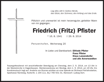 Traueranzeige von Friedrich Pfister von Der Bote