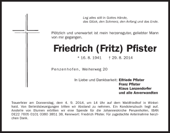Traueranzeige von Friedrich Pfister von Der Bote