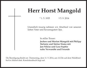 Traueranzeige von Horst Mangold von Der Bote