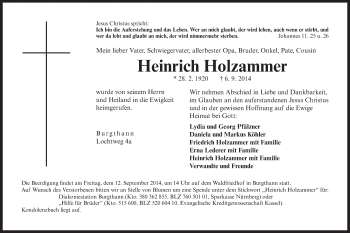 Traueranzeige von Heinrich Holzammer von Der Bote
