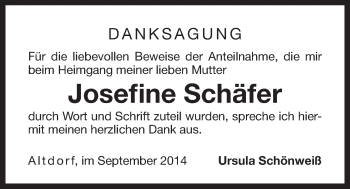 Traueranzeige von Josefine Schäfer von Der Bote