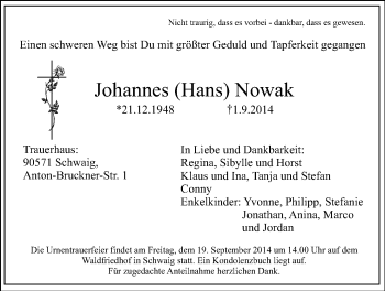 Traueranzeige von Johannes (Hans) Nowak von Der Bote