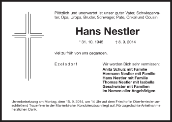 Traueranzeige von Hans Nestler von Der Bote
