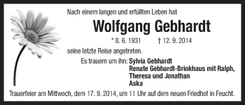 Traueranzeige von Wolfgang Gebhardt von Der Bote