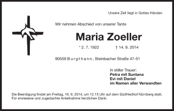 Traueranzeige von Maria Zoeller von Der Bote
