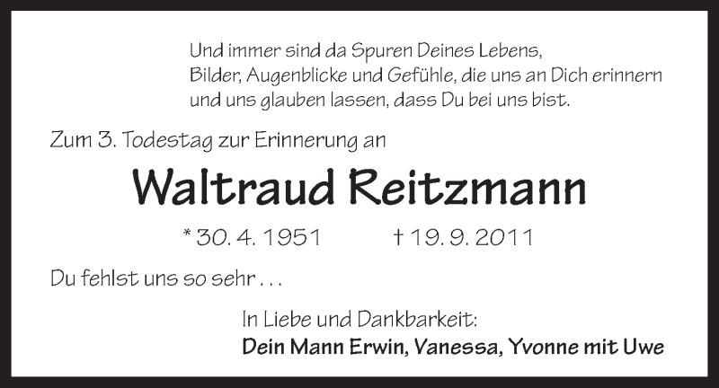  Traueranzeige für Waltraud Reitzmann vom 19.09.2014 aus Der Bote