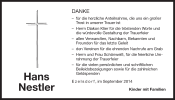 Traueranzeige von Hans Nestler von Der Bote