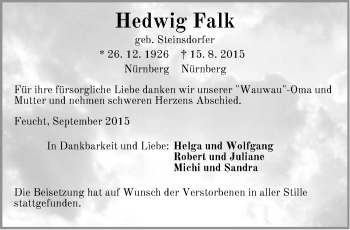 Traueranzeige von Hedwig Falk von Der Bote
