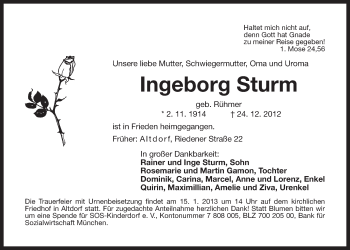 Traueranzeige von Ingeborg Sturm von Der Bote