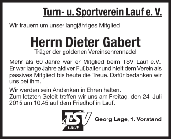 Traueranzeige von Dieter Gabert von Pegnitz-Zeitung