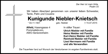 Traueranzeige von Kunigunde Niebler-Knietsch von Hersbrucker Zeitung