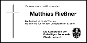 Traueranzeige von Matthias Rießner von Hersbrucker Zeitung