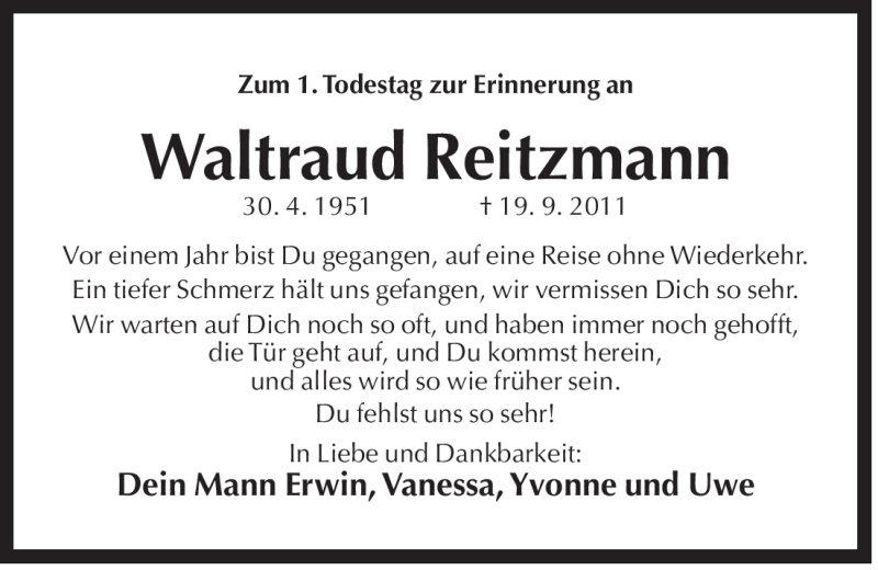  Traueranzeige für Waltraud Reitzmann vom 19.09.2012 aus Der Bote