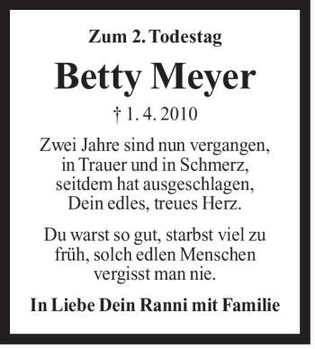 Traueranzeige von Betty Meyer von Der Bote
