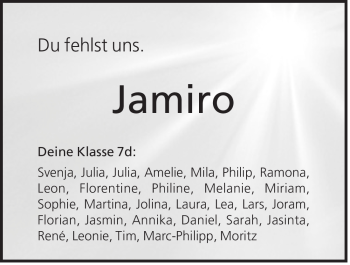 Traueranzeige von Jamiro Kempe von Der Bote