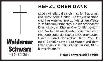Traueranzeige von Waldemar Schwarz von Der Bote