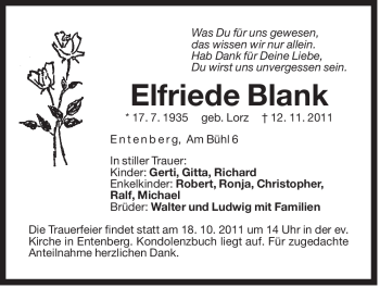 Traueranzeige von Elfriede Blank von Der Bote