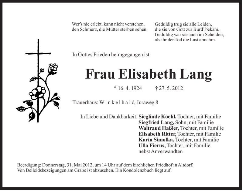  Traueranzeige für Elisabeth Lang vom 30.05.2012 aus Der Bote