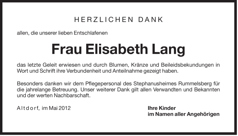  Traueranzeige für Elisabeth Lang vom 09.06.2012 aus Der Bote