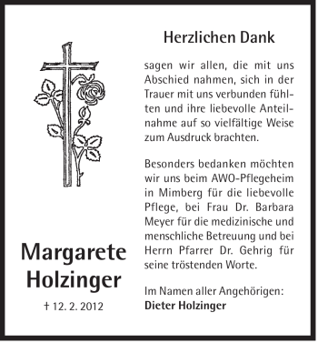 Traueranzeige von Margarete Holzinger von Der Bote