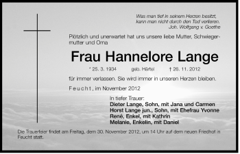 Traueranzeige von Hannelore Lange von Der Bote