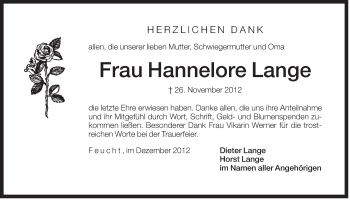 Traueranzeige von Hannelore Lange von Der Bote