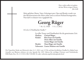 Traueranzeige von Georg Rüger von Der Bote