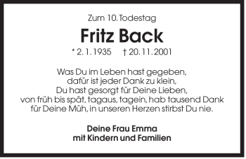 Traueranzeige von Fritz Back von Der Bote
