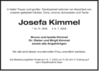 Traueranzeige von Josefa Kimmel von Der Bote