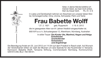 Traueranzeige von Babette Wolff von Der Bote