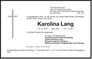 Traueranzeige von Karolina Lang von Der Bote