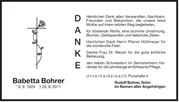Traueranzeige von Babetta Bohrer von Der Bote
