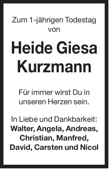 Traueranzeige von Heide Giesa Kurzmann von Der Bote