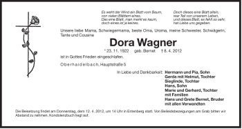 Traueranzeige von Dora Wagner von Der Bote