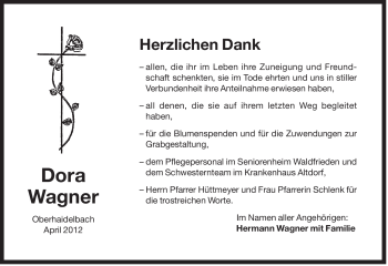 Traueranzeige von Dora Wagner von Der Bote