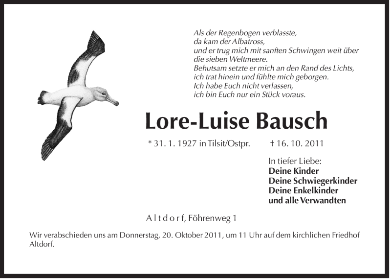  Traueranzeige für Lore-Luise Bausch vom 18.10.2011 aus Der Bote