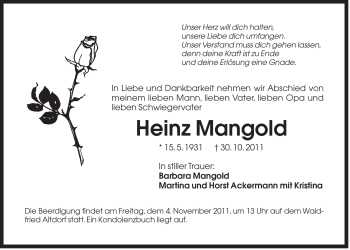 Traueranzeige von Heinz Mangold von Der Bote