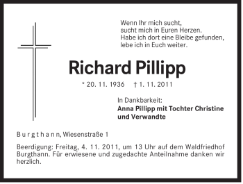 Traueranzeige von Richard Pillipp von Der Bote